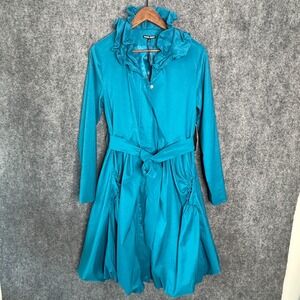 Samuel Dong Jacket Womens Small Blue Belted Ruffle Collar‎ Bubble Hem Mid Length